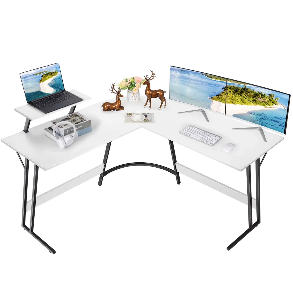 Vineego L-Shaped Computer Desk Modern Corner Desk with Small Table,White 9