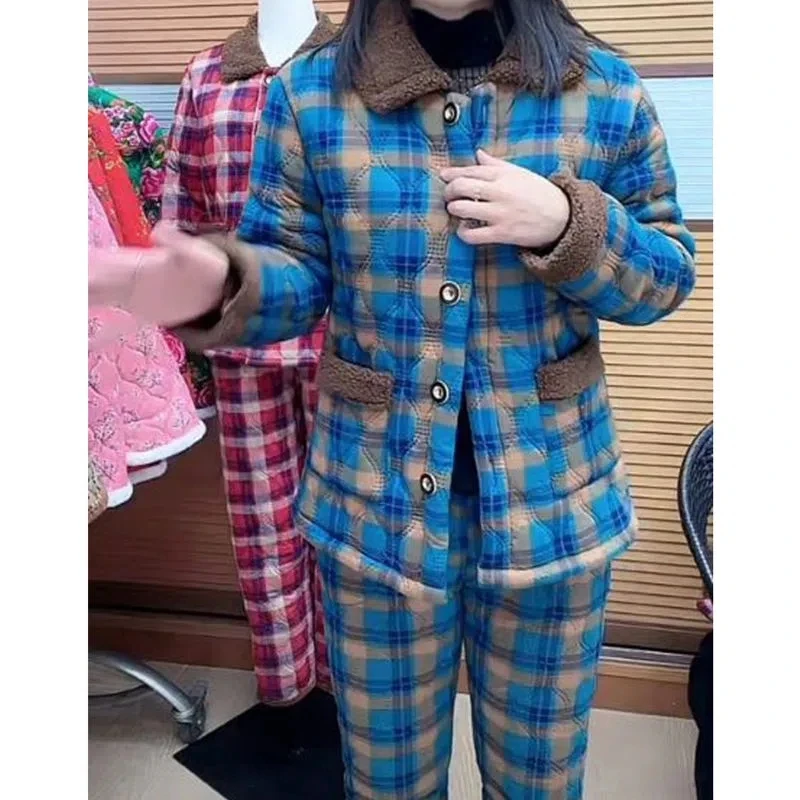 Single Piece/Suit Plaid Winter New Plush Cotton Jacket Warm Cotton Pants Suit Mother's Loose And Slim Cotton Suit Two-Piece Set