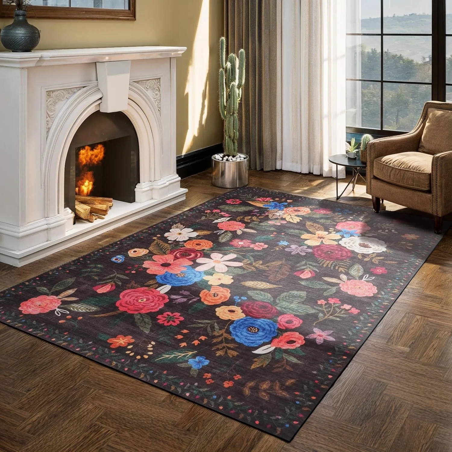 Pink Living Room Carpet Machine Washable Non-slip Wear-resistant Bedroom Rug Floral Print Cloakroom Plush Mats 러그 Ковер Alfombra