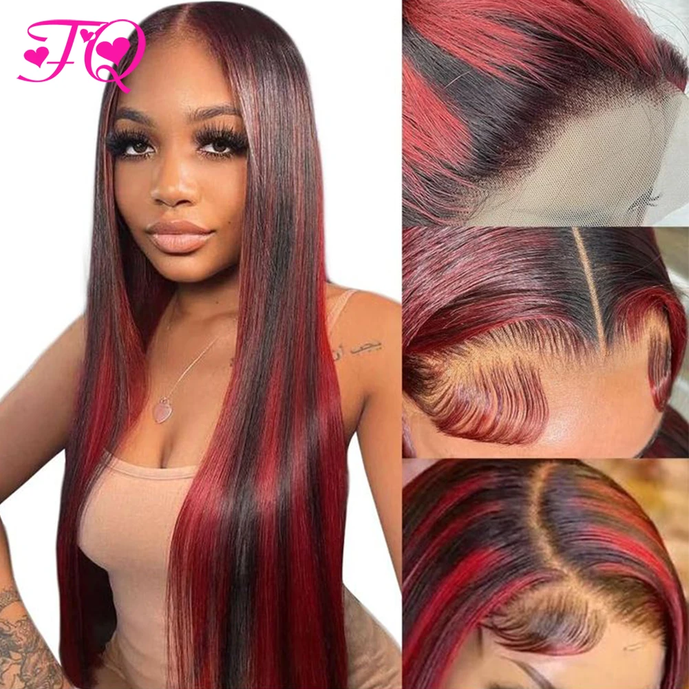 

Ombre Burgundy Straight Lace Front Wigs Human Hair 13x6 Frontal Wig 1B/99J Colored HD Transparent Lace Highlight Wig for Women