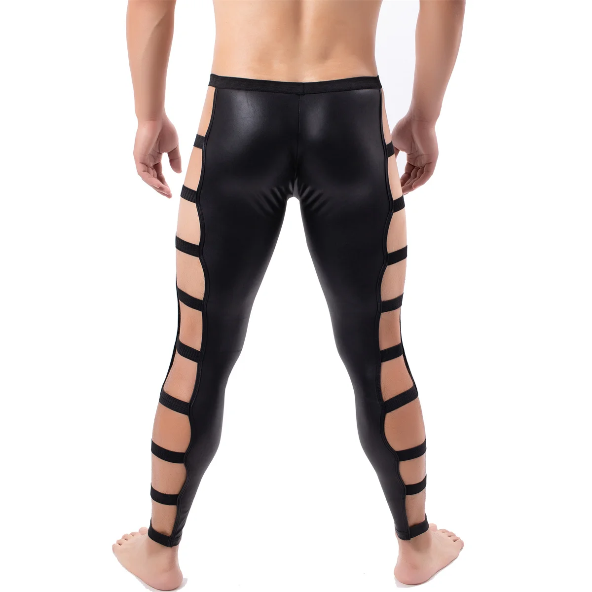 Description Picture 6 of itemSexy Mens Trousers Side Straps PU Leather Latex Tight Long Pants Singlets Faux Leather Fitness Clubwear Gay Wetlook Jogger Pants