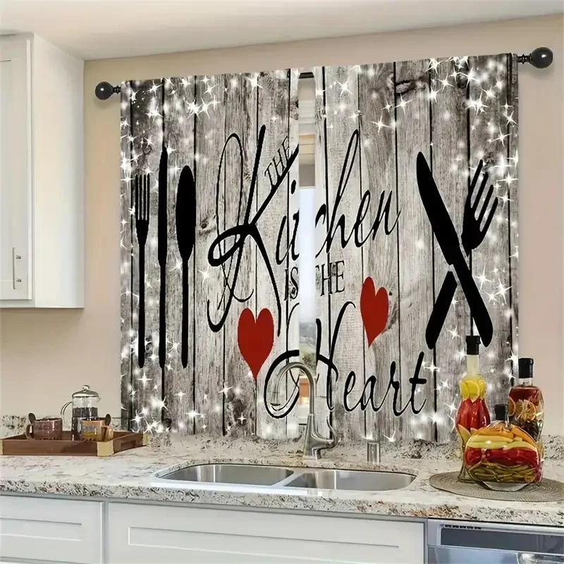 Minimalist Kitchen Curtains with Knife & Fork Text Design – Easy Install Window Decor 3