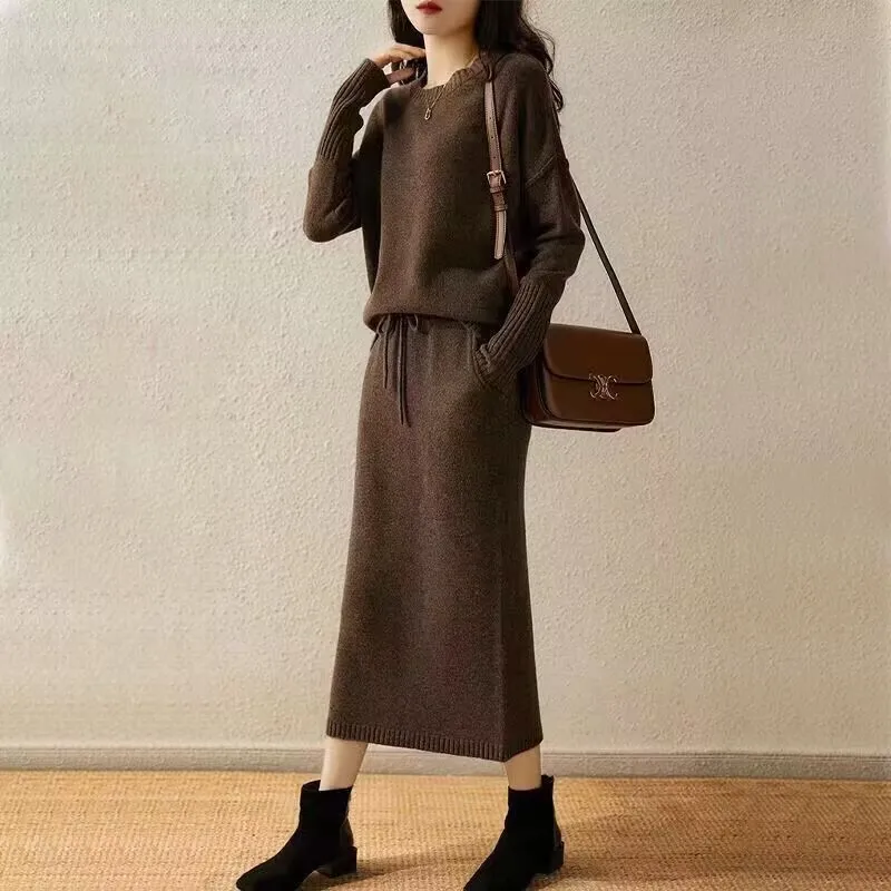 Korean Fashion Two Piece Sets Womens Outifits Solid Knitted Sweater Dress Sets Loose Pullover Sweater Skirt Sets Womens Clothing serge two piece suit single breasted solid color business casual korean suits for women trending womens clothing 2023 pants sets