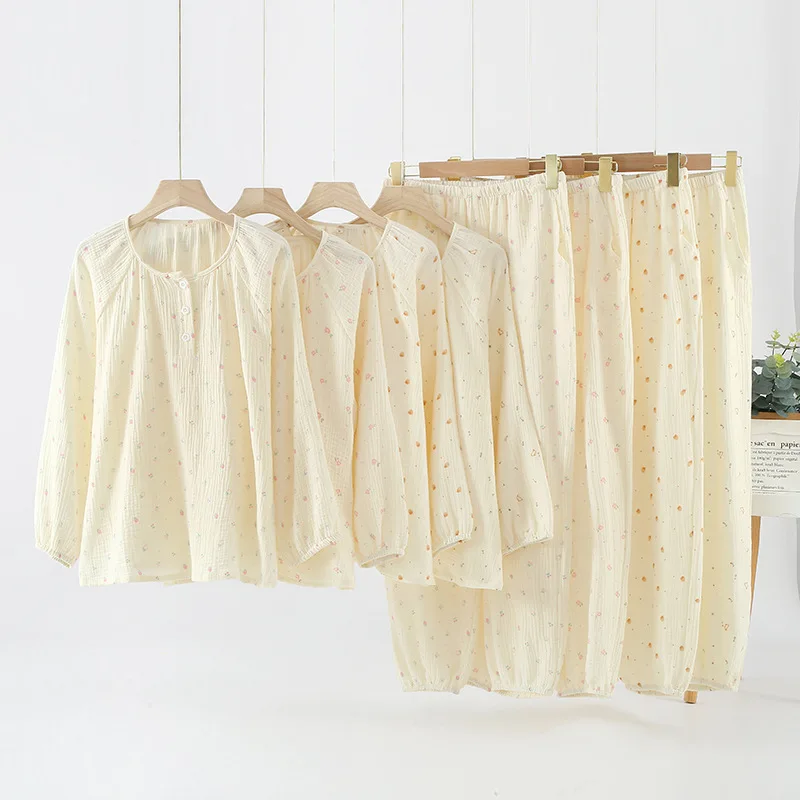 

Хлопковая Осенняя пижама с длинными рукавами, женский новый и свободный комплект домашней одежды с круглым вырезом и цветочным принтом