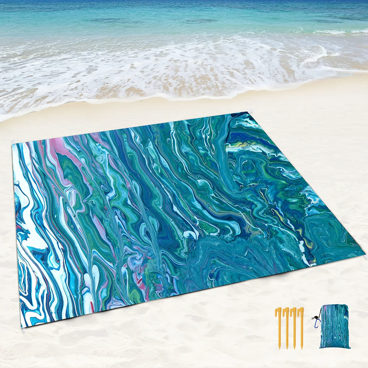 Beach Blanket Waterproof Sandproof,Blue Marble Black Picnic Rugs with Sand Pockets and Stakes,Marbling Outdoor Pad for Seaside 3