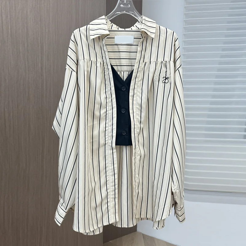 

Autumn And Winter New Embroidery Logo Casual Vest Fake Two Piece Cardigan Design Sense Stylish And Lazy Style Long Sleeve Shirt