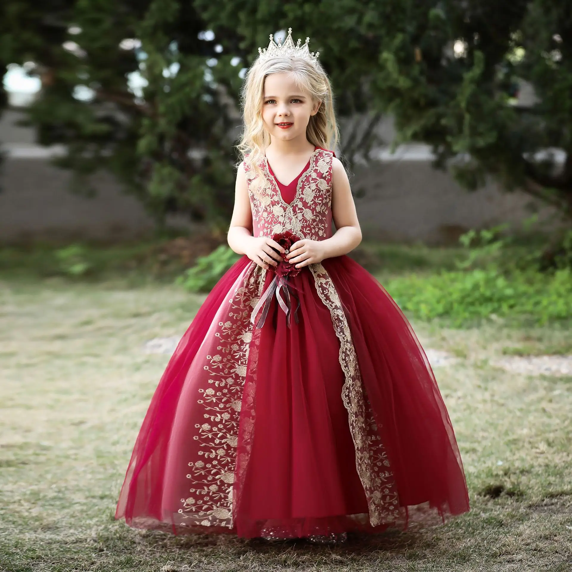 

Flower Girl Wedding Banquet Lace Long Dress For Kids Elegant Puffy Lace Bow Birthday Party Dress Pageant Ball Gown Formal Dress