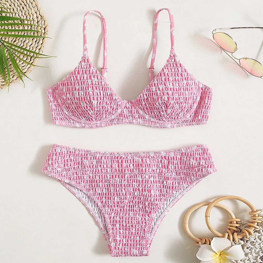 know Dream  High waisted solid color printed bikini New 2024 Women'S Floral Print Blue Patterned Bathers Bohemian Style Halter