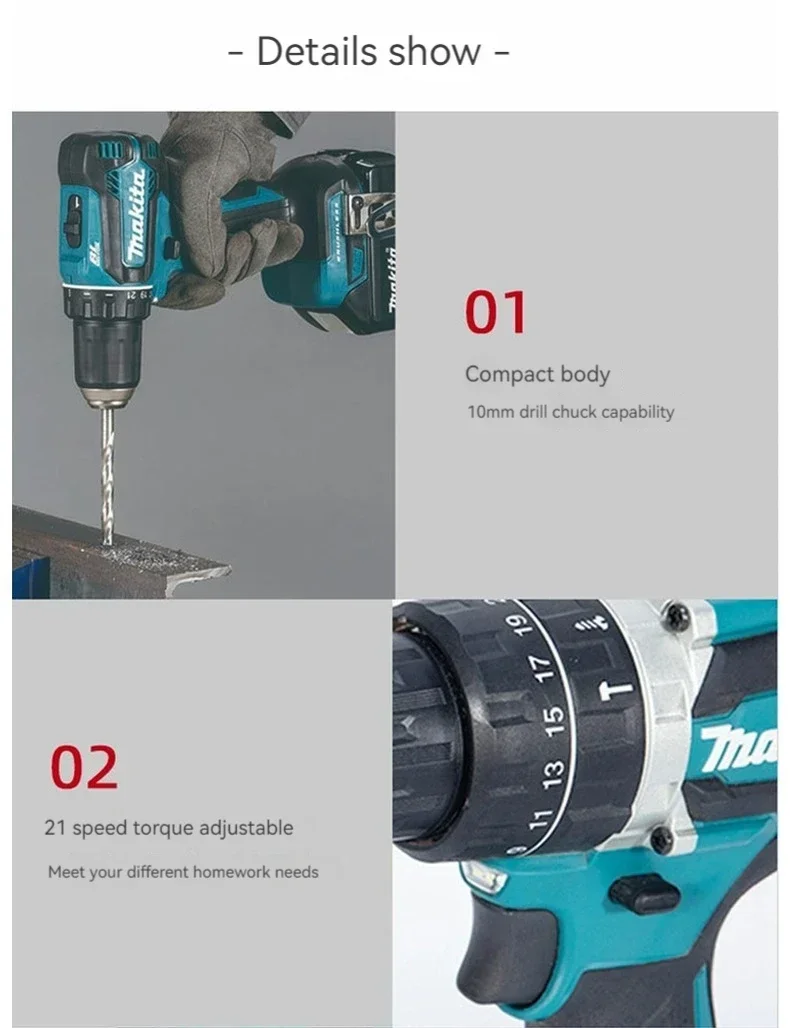 Makita 충전식 브러시리스 드라이버, 임팩트 전동 드릴, 무선 공구, DHP487, 10mm, 18V 리튬 이온 LXT 드라이버