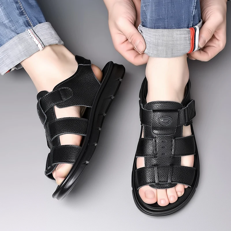 Men's Sandals Brand Fashionable Top Layer Cowhide Roman Beach Summer Breathable Soft Sole Non Slip Outdoor Quick Drying