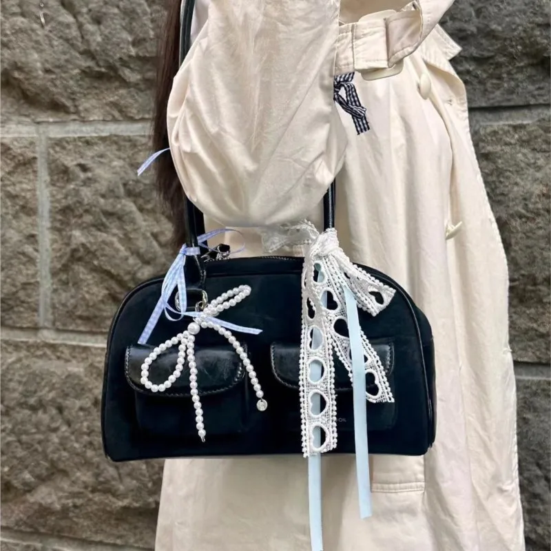 JIAERDI Vintage Black Bowling Bag Handbag Women New Leather Pocket Chic Casual Shoulder Bags Female Retro Underarm Bag Aesthetic