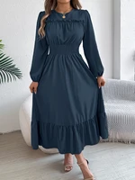 Autumn and Winter Casual Elegant Solid Color Round Neck Long Sleeved Waist Cinched Lotus Leaf Edge Dress Women Clothing