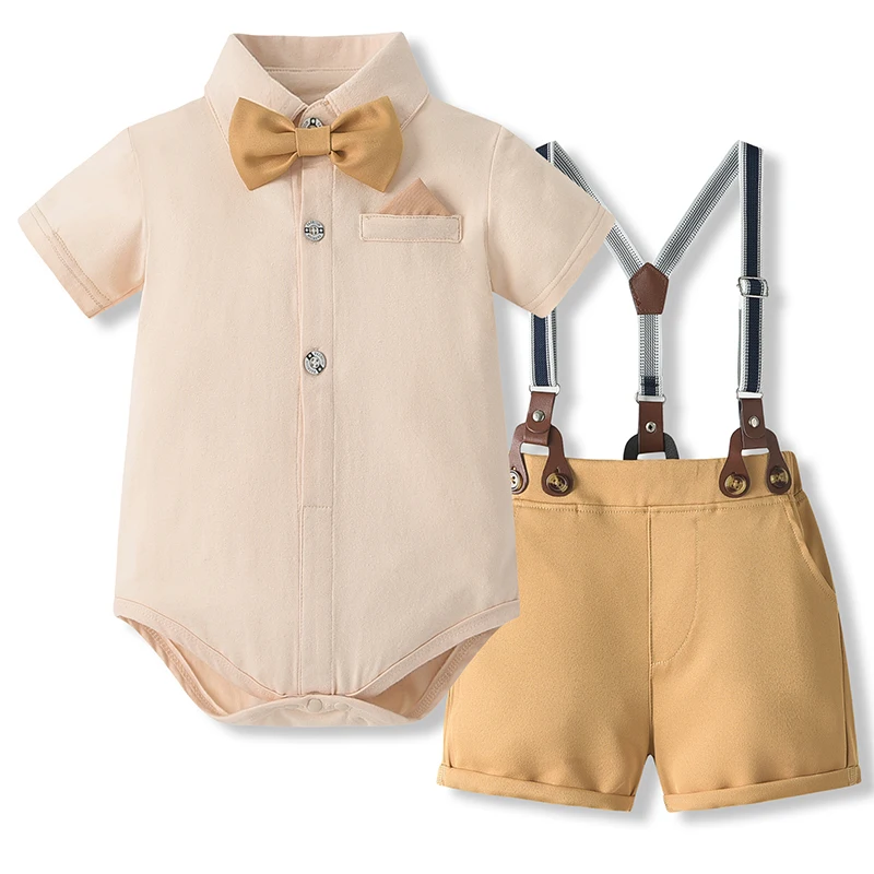 

BULINGNA Infant Baby Boy Gentleman Outfits Short Sleeve Romper Shirt with Bowtie Suspender Bib Shorts Summer Suits Set