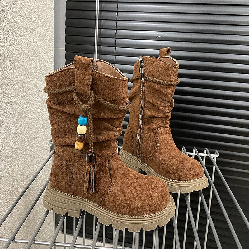 Girls Mid-calf Leather Boots Retro Style Children Fashion Boots Side Zipper Tassel Kids Chelsea Boots 2025 Autumn Winter New