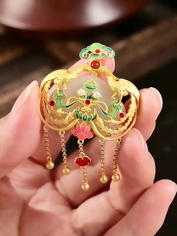 Natural Hetian Jade Palace Style Enamel Porcelain Phoenix Pendant