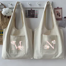 

Woman Gentle Shopping Bag Casual Commuter Bag Pink Flower Initial Name Graphic Print Beige Tote Bag Fashion Canvas Repeatable