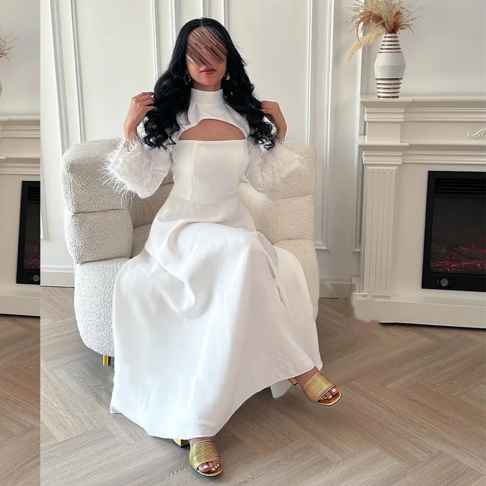 Jiayigong  Jersey Feather Draped Party A-line High Collar Bespoke Occasion Gown Long Sleeve Dresses Saudi Arabia