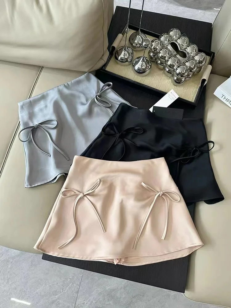 Bow Lace-up Satin Y2k Mini Skirts Women Pink Korean Style A-Line Skirts Summer 2026 High Waist Sexy Slim Sweet Short Skirts New