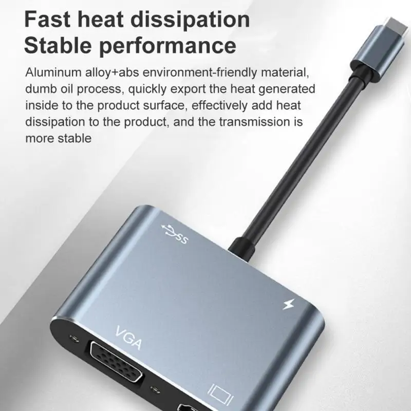 USB C 허브-4K VGA USB C 3.0 HDMI 호환 어댑터, 맥북 휴대폰 노트북 TV PC 케이블 어댑터, 4 in 1