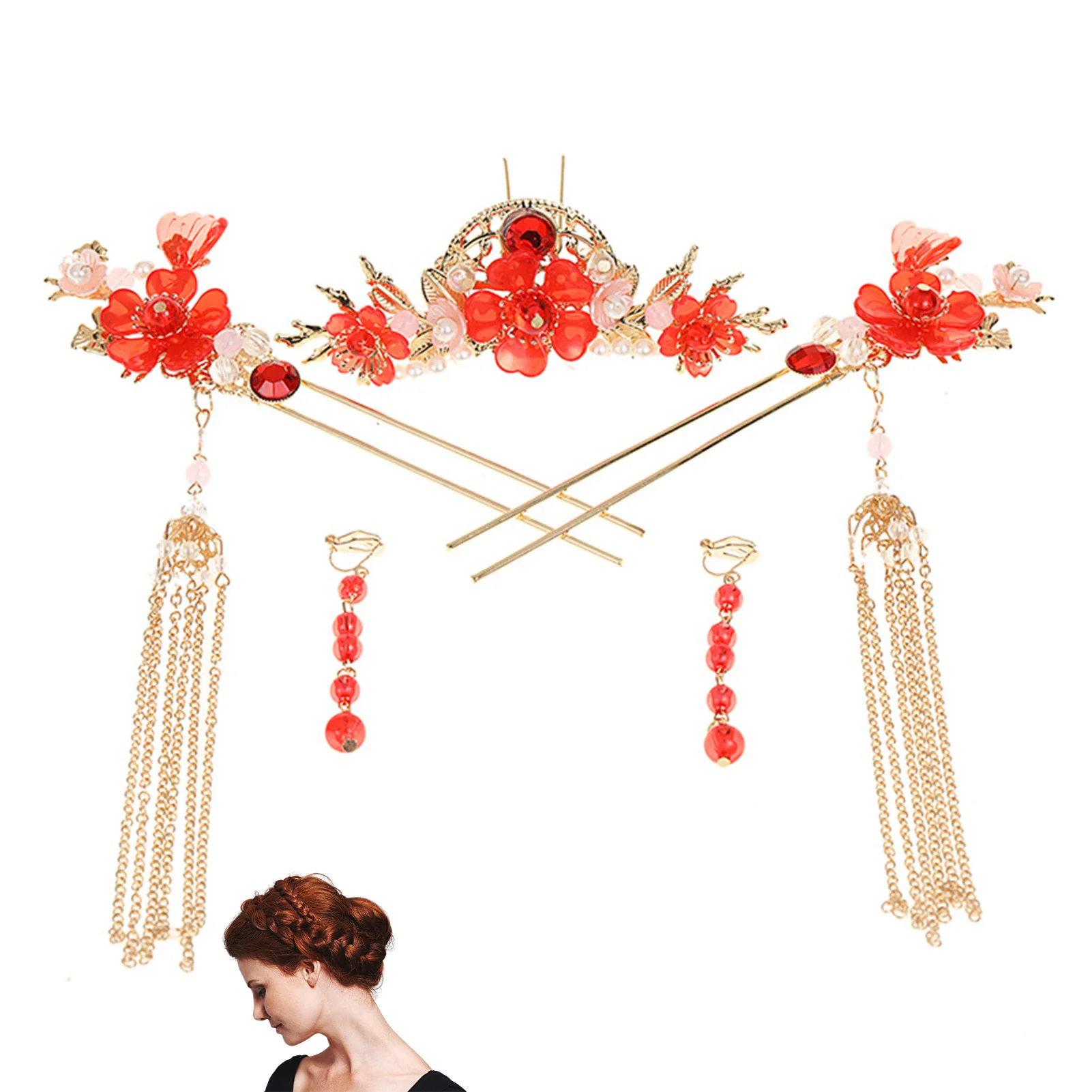 Vintage Blumen-Brautkopfschmuck: Legierung Quasten-Haarnadeln, Metall-Hanfu-Haarstäbchen, Haarschmuck-Accessoires für Damen – Detail 6