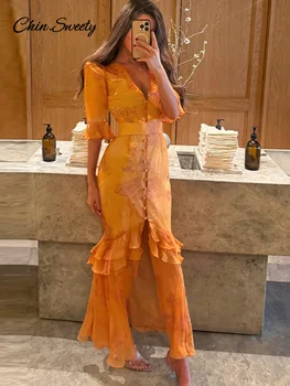 Elegant Floral Printed Casual Dress For Women V Neck Waist Cinching Short Sleeve Summer Dresses Lady New Street Party Robe 2026 1