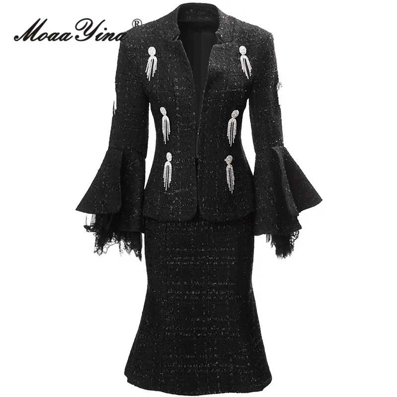 

MoaaYina Autumn Fashion Designer Black Vintage Skirt Set Women's Flare Sleeve Beading Slim Coats+Mini Mermaid Skirt 2 Pieces Set