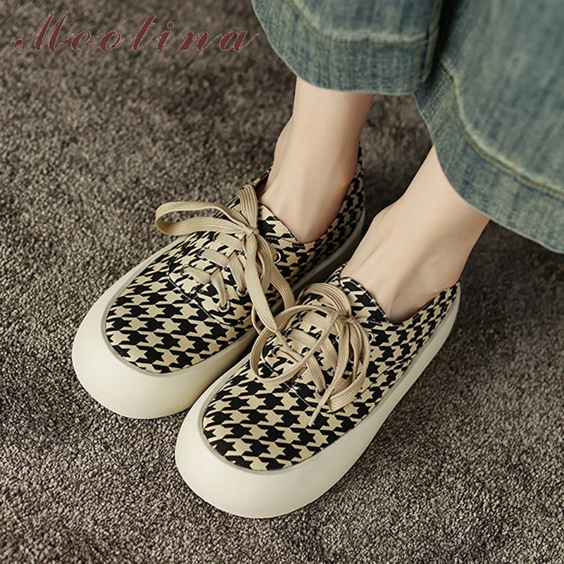 

Meotina Women Round Toe Flats Lace-up Leopord Design Brand Ladies Fashion Casual Shoes Spring Autumn Black Brown