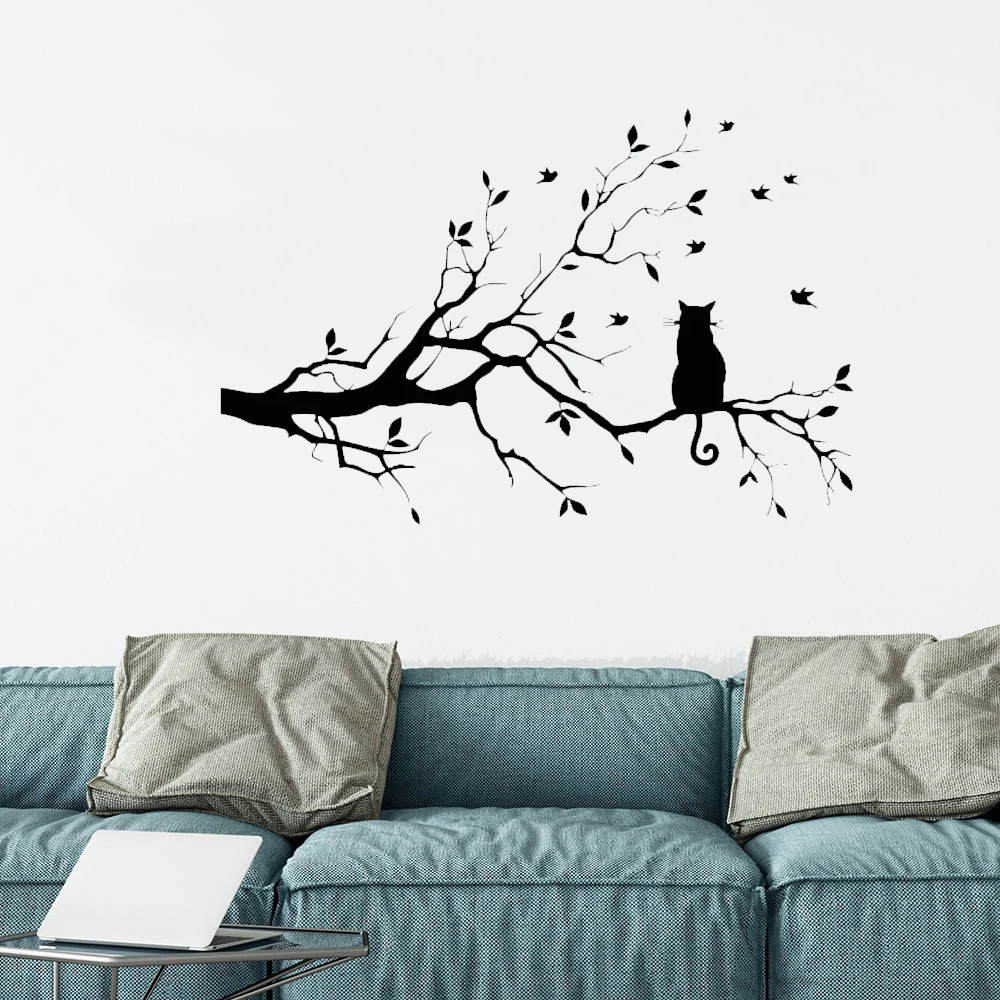 Wall Stickers Wall Sticker Home Decoration Accessories Cat On Tree Branch Wall Sticker Living Room Sofa Background Bedroom Home Decoration Animal Decals Wallpaper Hand Carved Stickers