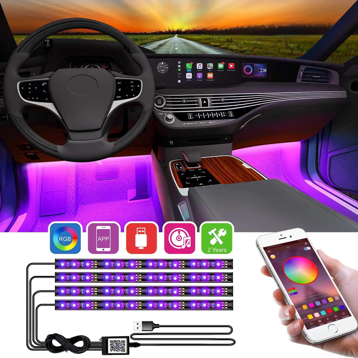 

Neon Car Interior Ambient Foot Light Strip RGB With Music Control Led Auto Atmosphere App Flexible Dream Light Party Decorative
