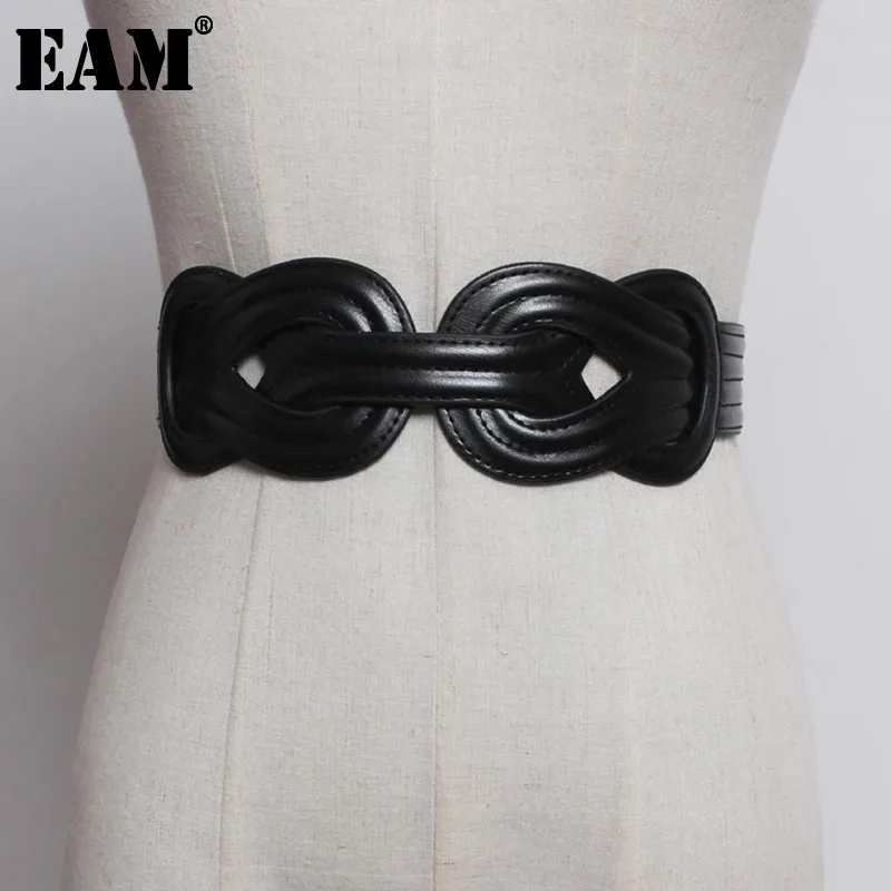 

[EAM] Pu Leather Leisure Black Knot Split Joint Long Wide Belt Personality Women New Fashion Tide All-match Spring 2024 1T150