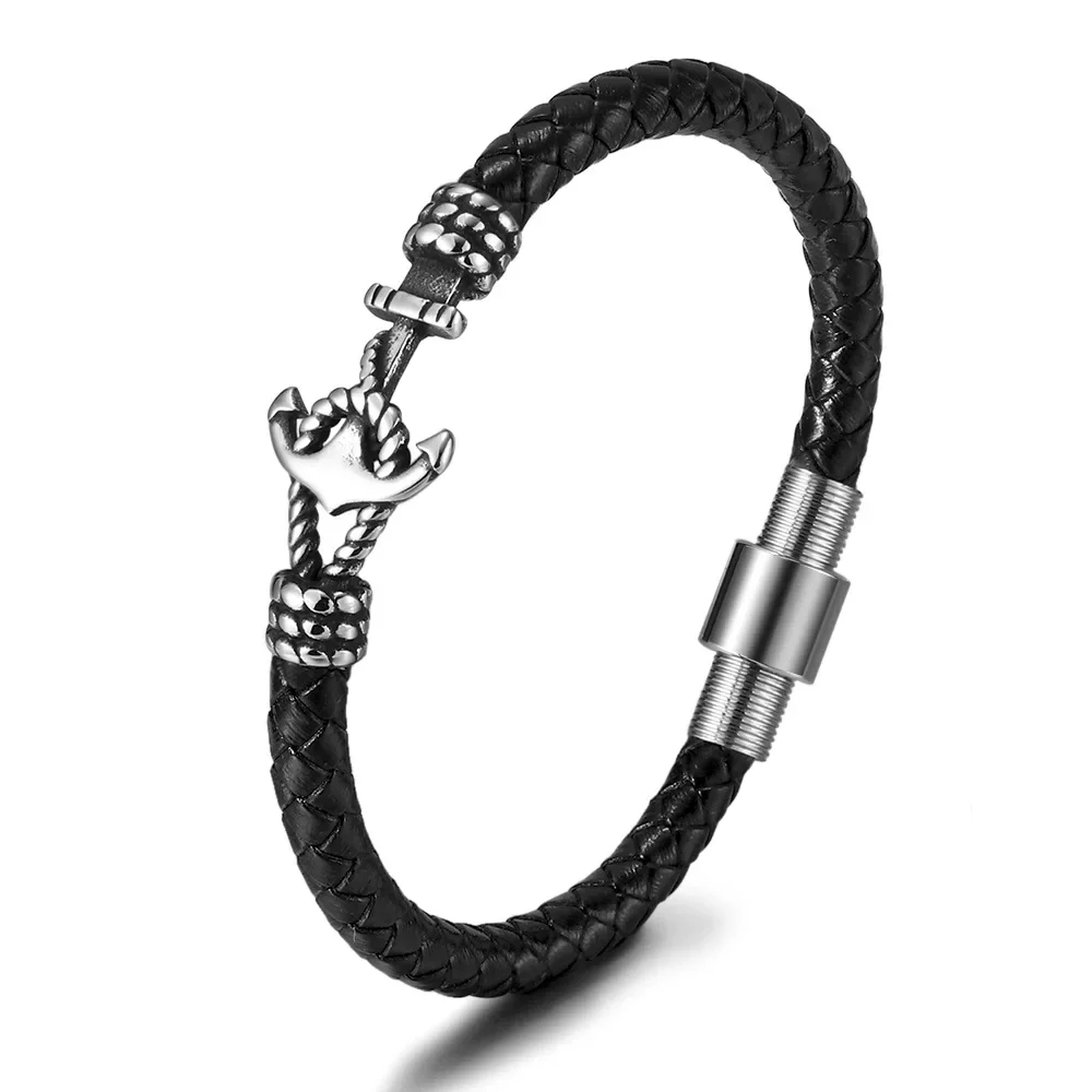 

Light luxury fashion cowhide leather rope stainless steel charm bracelet for men, bangle