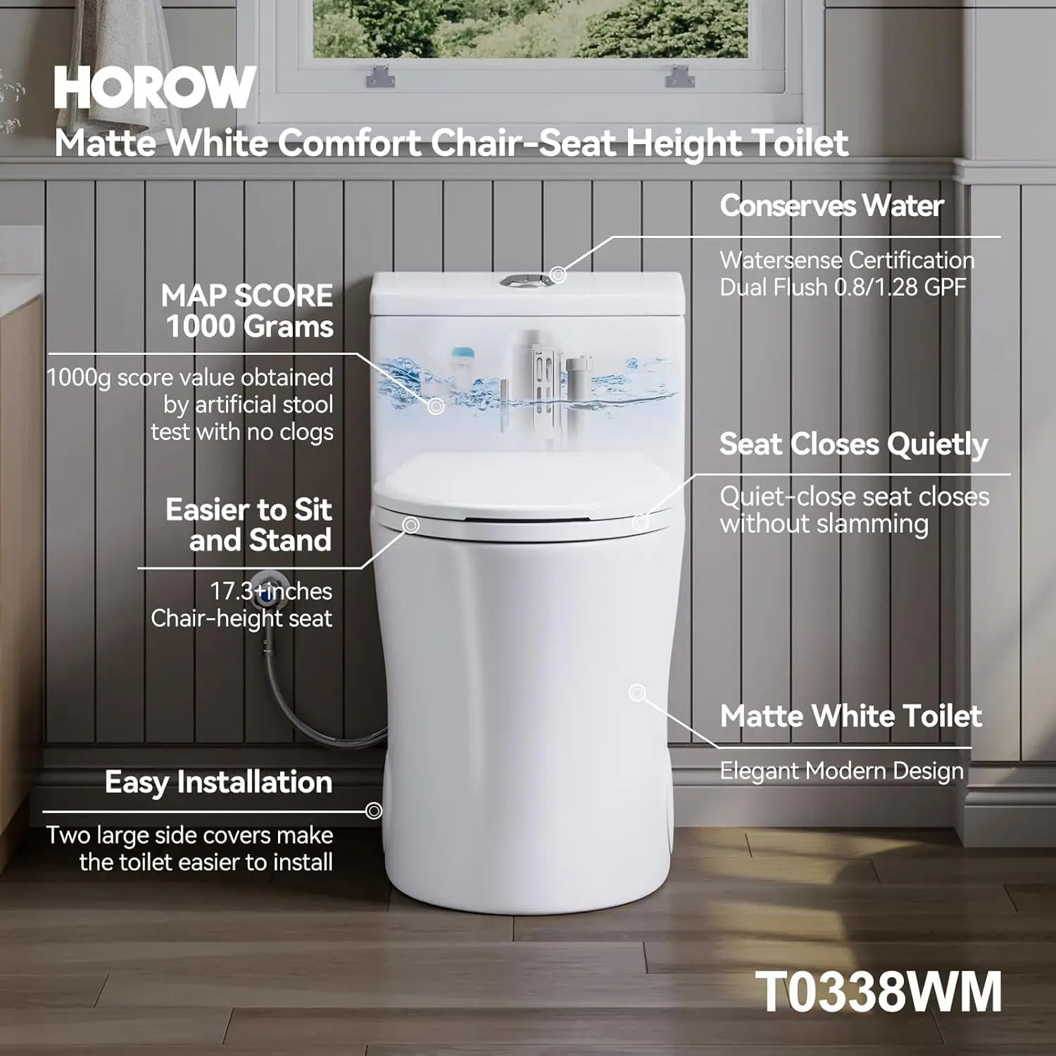 Elongated One Piece Toilet Matte White, ADA Toilet 17.3" with Comfort Chair Height Seat, 0.8/1.28 GPF Powerful Dual Flush 2