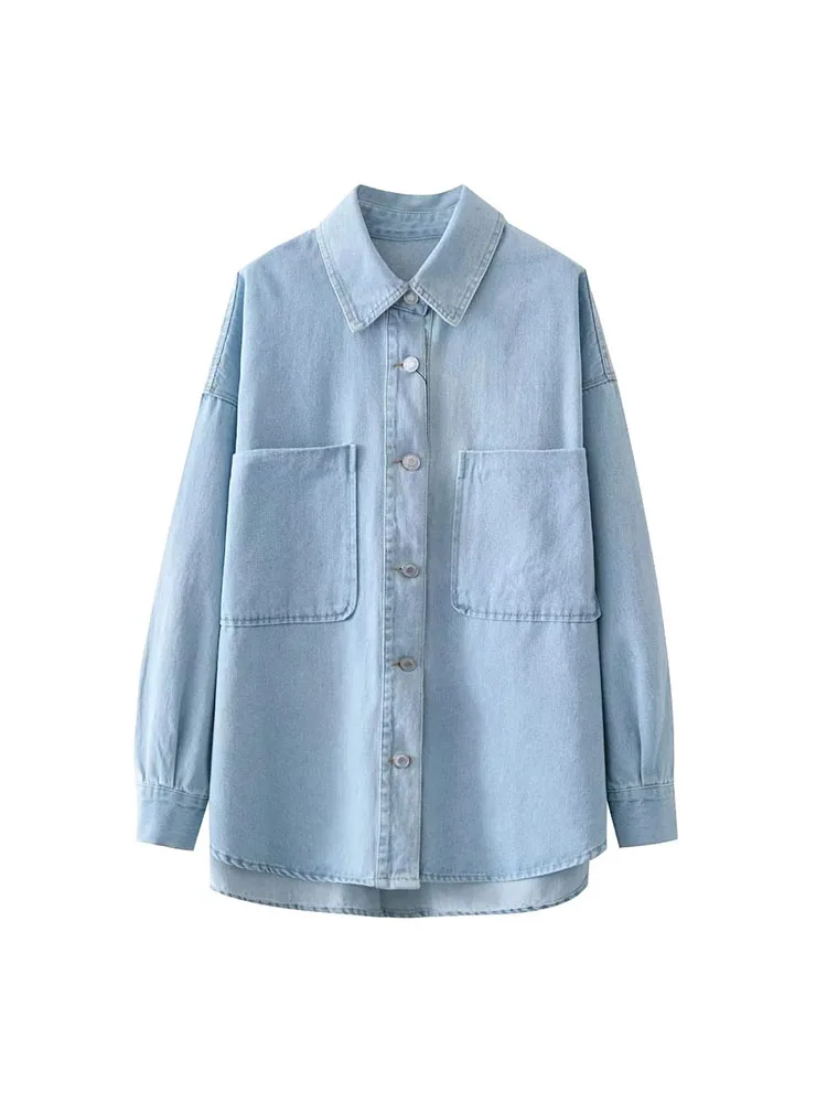 

TRAF Women long Denim Shirts 2023 Summer Long Sleeve Top Female Boho Button Up Streetwear Shirt Blouses