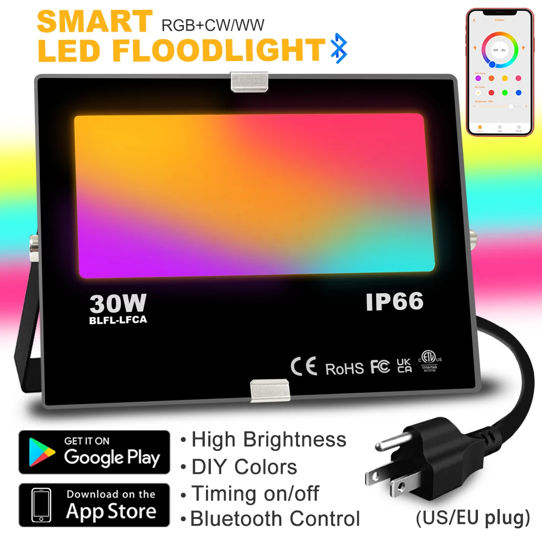 Smart Floodlight 30W Color Change LED Outdoor Garden Flood Light IP66 Waterproof Bluetooth Compatible APP Control RGB Spotlights solar flood lights outdoor