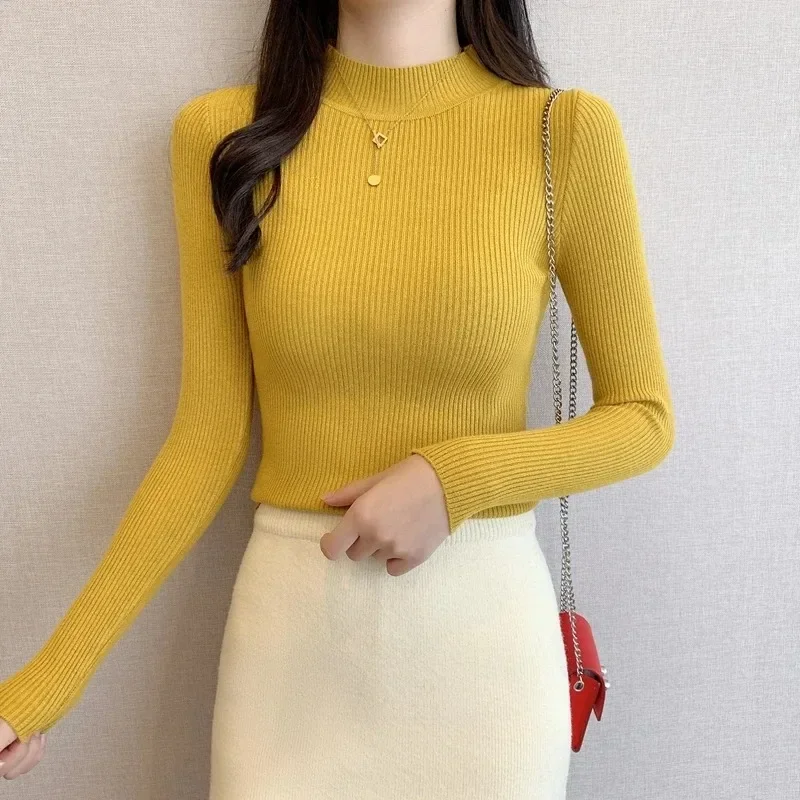 Fall Autumn and Winter New Lady's Semi-turtleneck Solid Color Long-sleeved Sweater Elegant Knitwear Slim-fitting Bottoming Shirt