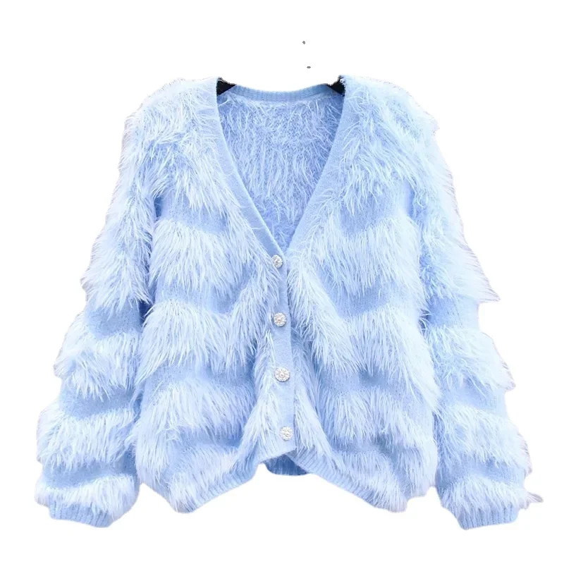 

Vintage Fluffy Mink Cashmere Cardigan Coat Women Autumn Long Sleeve Knitted Crop Cardigans Winter Warm V Neck Lady Sweater