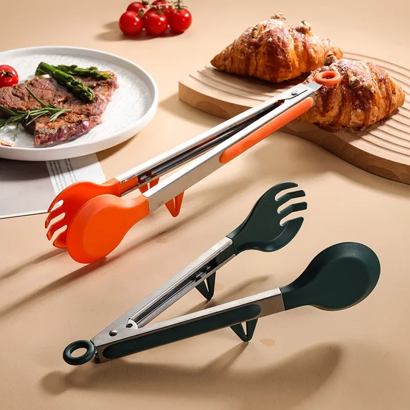 1Pcs Silicone Food Tongs Stainless Steel Food Tongs Outdoor BBQ Clamps For Camping Kitchen For Baking Steak
