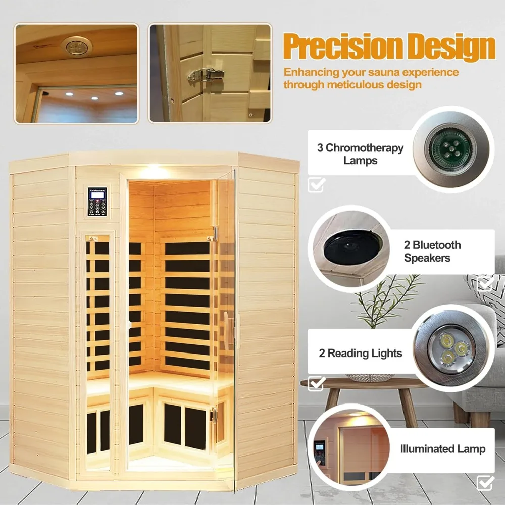 Far Infrared Wooden Sauna Room, 2-3 Person Home Sauna, Canadian Hemlock Indoor Corner Sauna Spa, 7 Low EMF Heaters, 2 Bluetooth 4