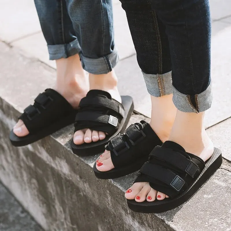 Summer Anti Slip Closed Toe Slippers Outdoor Men Women Fashion Hook&Loop Canvas Casual Couple Slip-on Beach Sandals Flip Flops