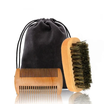 Set di spazzole e pettini per barba in legno con logo personalizzato per uomo, regalo per la cura del baffi, setole di cinghiale naturali per pettinare le barbe