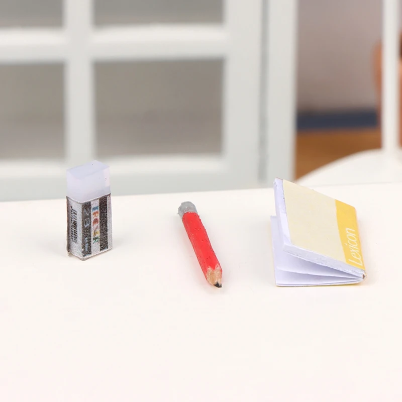 1 Set 1:12 Dollhouse Miniature Notebook Pencil Eraser Student Stationeries Model Kid Pretend Play Toys Doll House Accessories 2