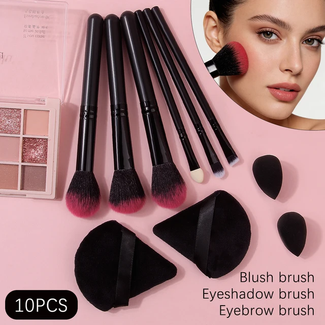 10PCS multi-functional makeup brush set + makeup fan-shaped powder puff + Soft mini sponge egg travel portable beauty tool