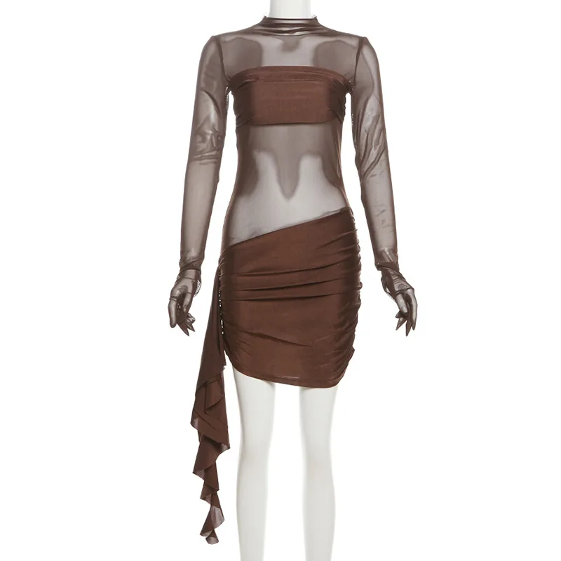 Mesh Hollow Out Sexy Mini Dress For Women See-Through High Waist Pleated Slim Bandage Gown Dress Female Y2k Mini Dress New