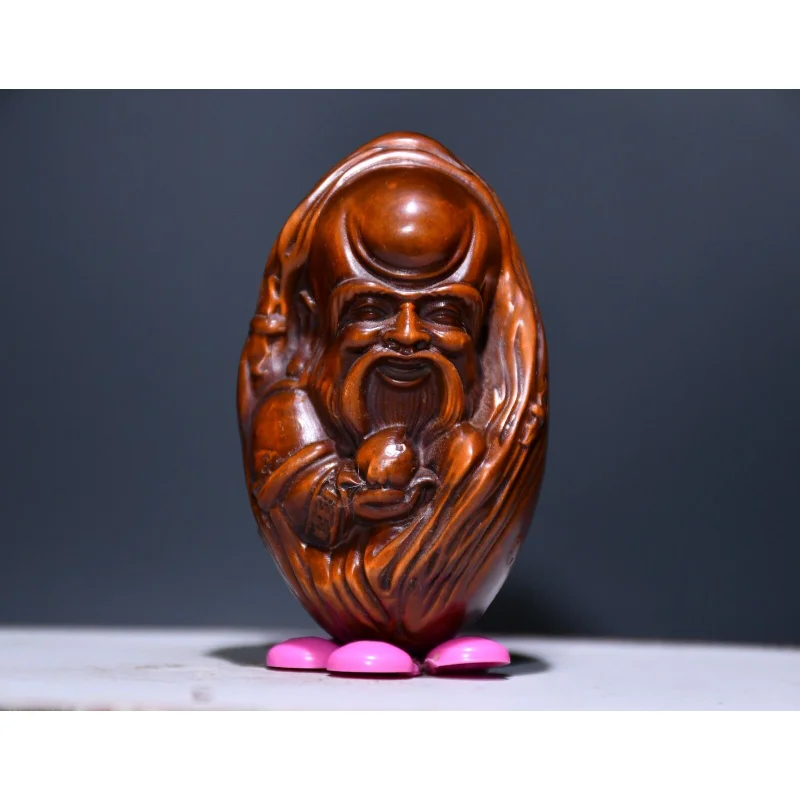 

3" Chinese Box-wood Hand Engraving Lovable Longevity God Hold Peach Statue Craft Gift Decoration Home Decore