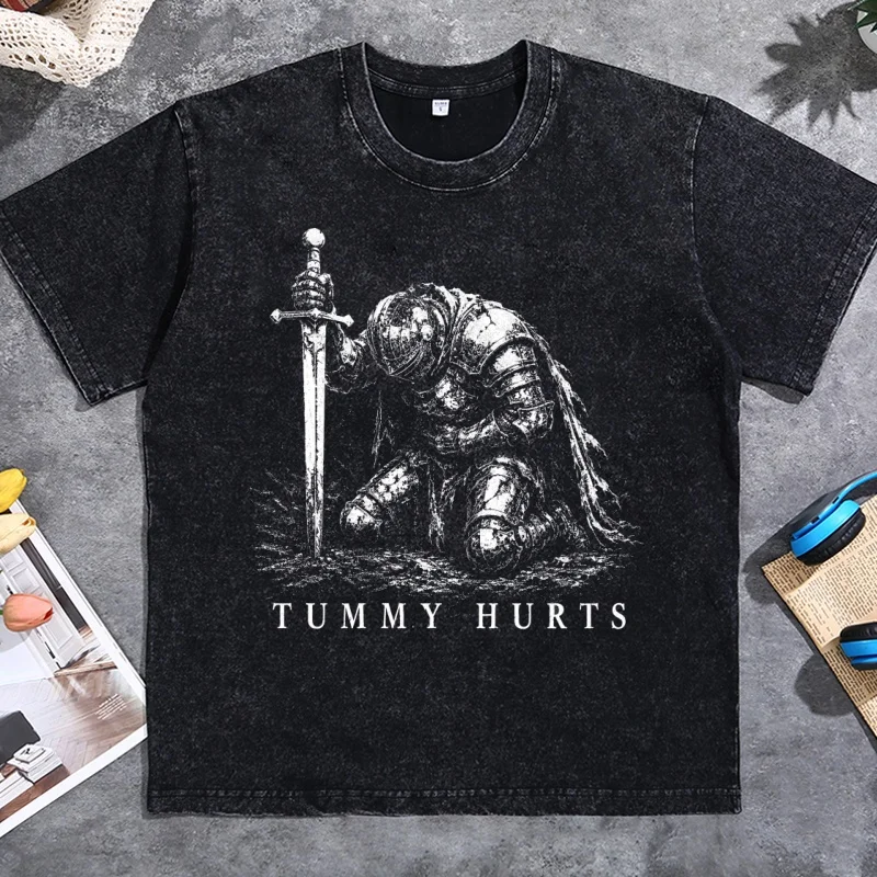 Bauchschmerzen Ritter T-Shirt Lustiges Dark Fantasy Grafik-T-Shirt Lässiges Retro Elden Ritter T-Shirt Baumwolle Kurzarm Rundhals T-Shirts