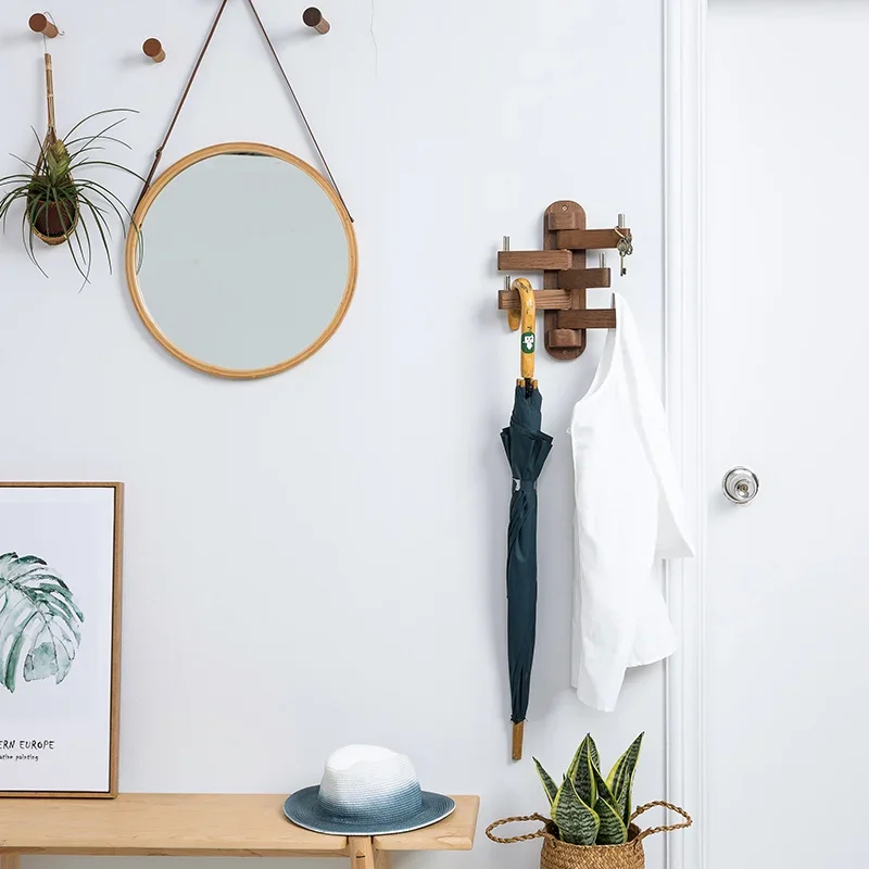 Creative Porch Clothes Rack Natural Solid Wood Wearing Clothes Storage 180 Degree Rotating Hanger For Bags Durable Wall Hangers