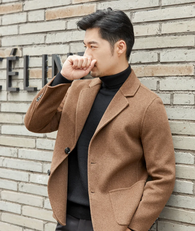 Neuer doppelseitiger Wollmantel aus 100 % reiner Wolle für Herren, schmale Passform, schlankmachende Anzugjacke, einfarbig, Revers, einfache Strickjacke – Detail 13