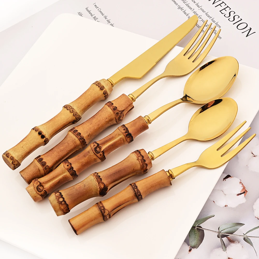 

Drmfiy 20/30pcs Retro Tableware Set Stainless Steel Nature Handle Bamboo Dinnerware Cutlery Steak Knife Fork Spoon Flatware Gift