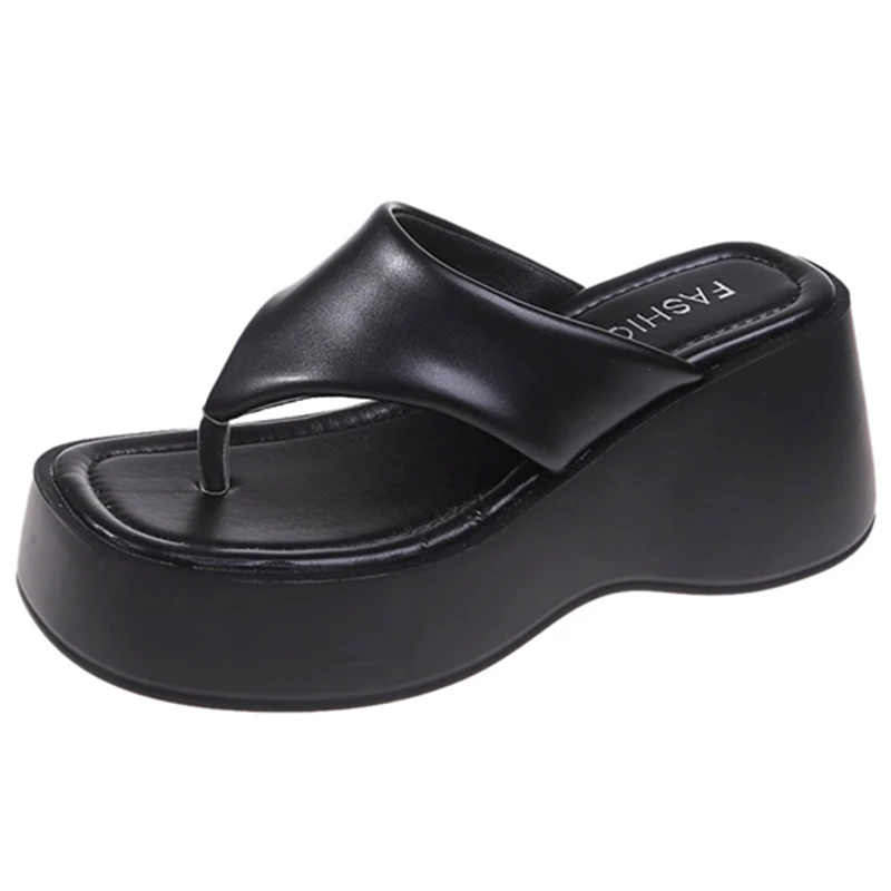 Silver PU Leather Chunky Paltform Flip Flops Women Fashion High