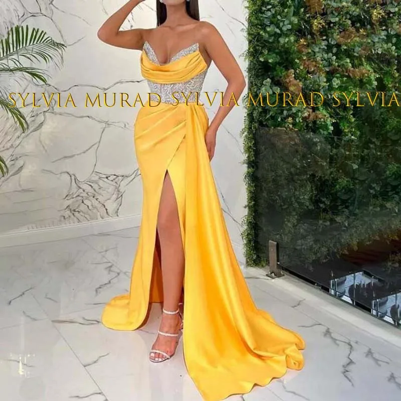 

Heavily Beaded Long Evening Dress Pleat Mermaid Side Split Streamer Strapless Gold Yellow Sheath Pageant Dresses Party For Women